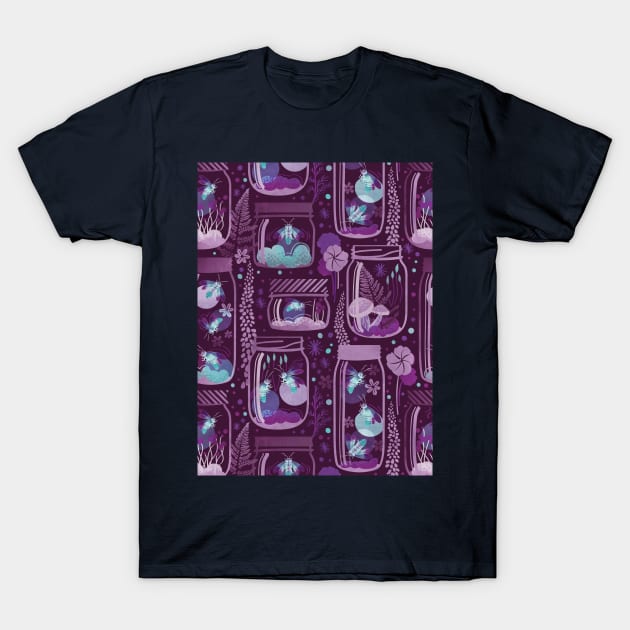 Glowing in the moss // pattern // purple background jars with lightning fireflies bugs quirky whimsical and bioluminescence lampyridae beetles T-Shirt by SelmaCardoso
